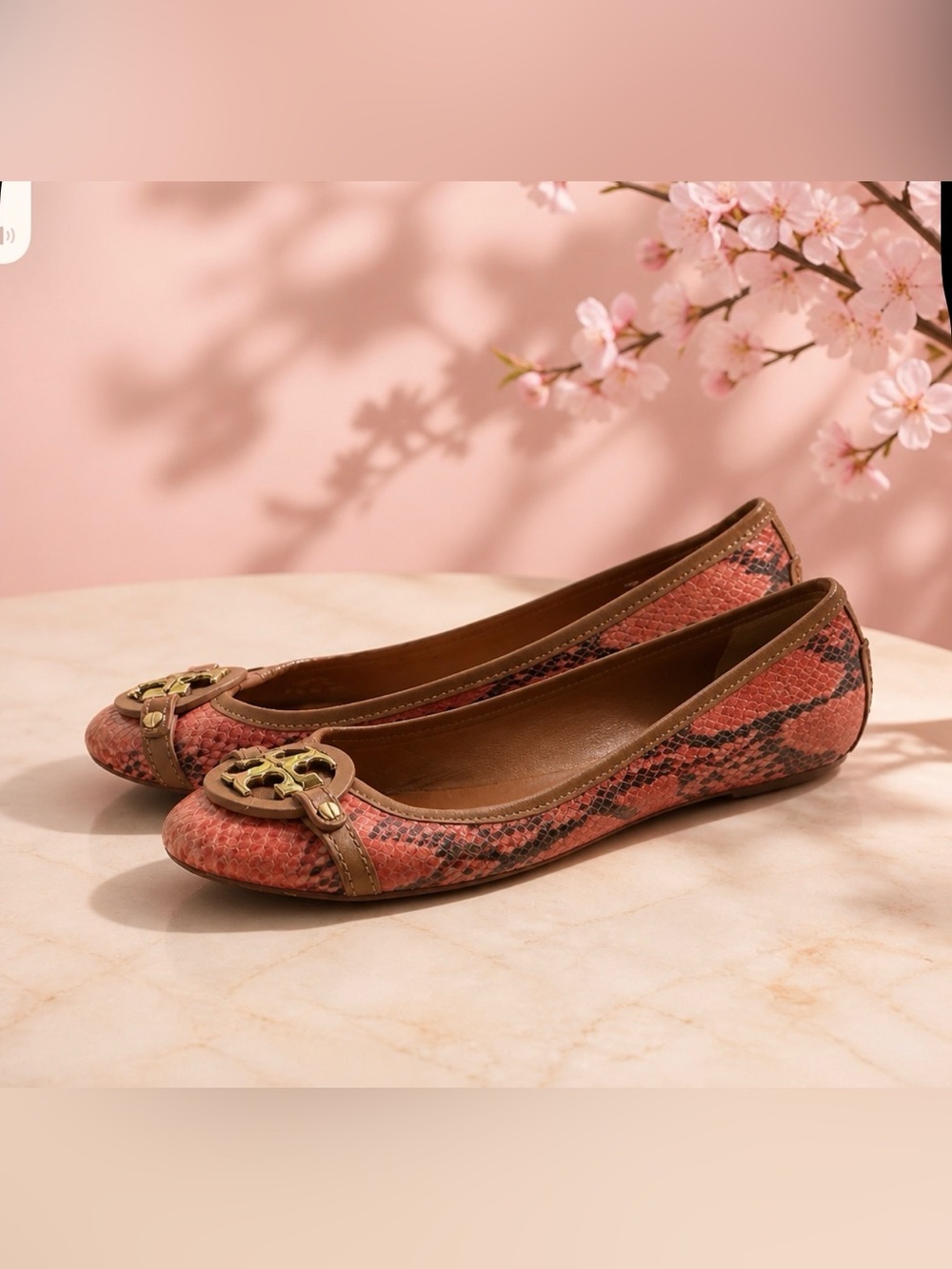 Tory Burch Pink Coral Snake-Print Ballet Flats with Gold Logo